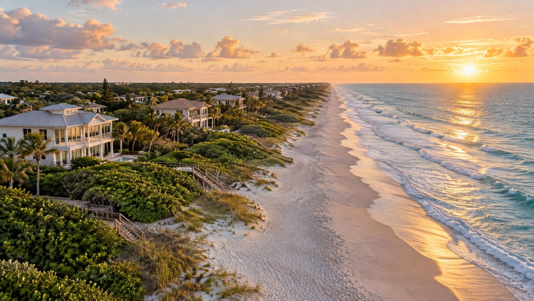 Aerial view of the Florida Space Coast shoreline at sunrise