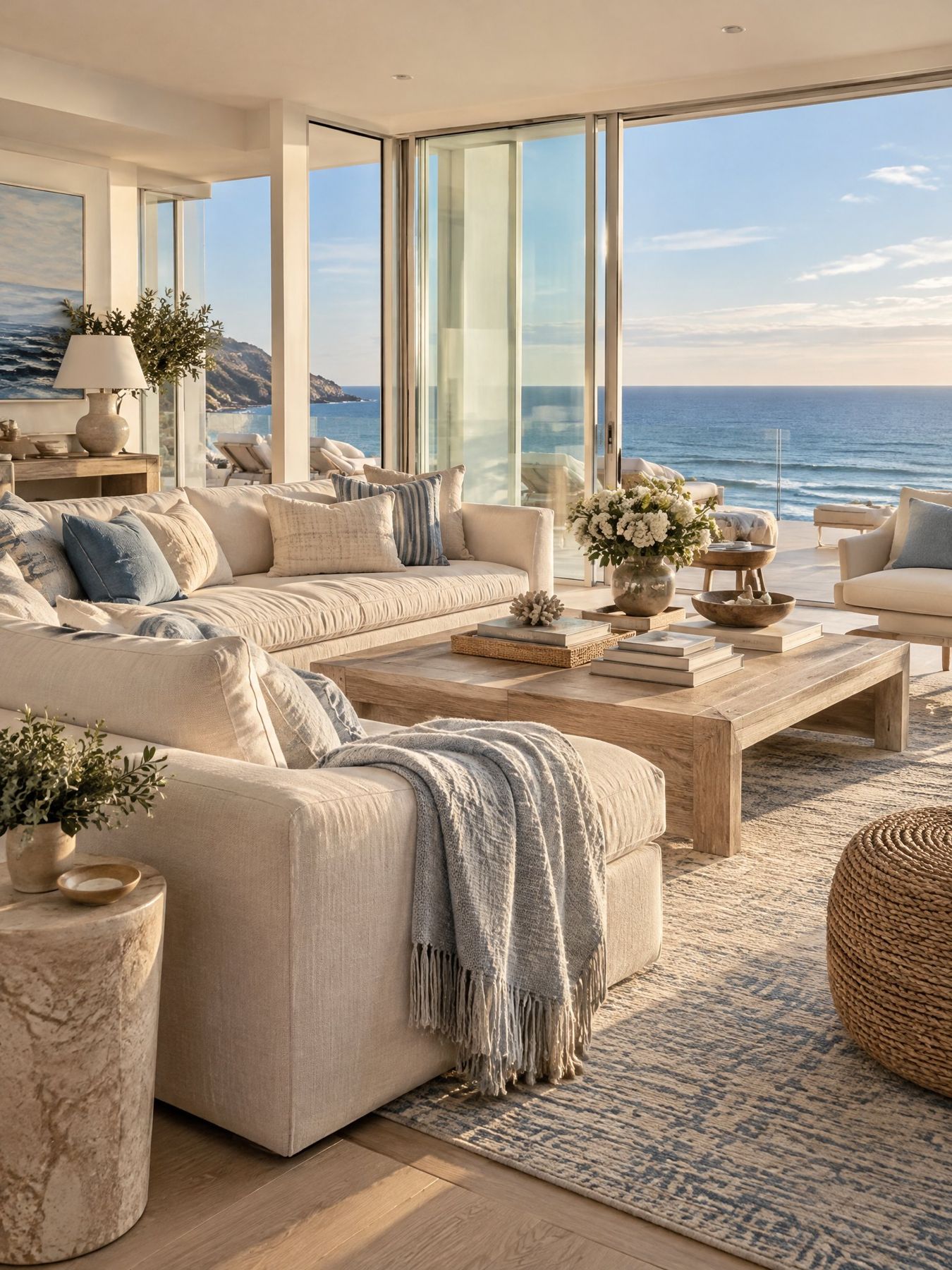 Bright coastal living room with a view of the ocean