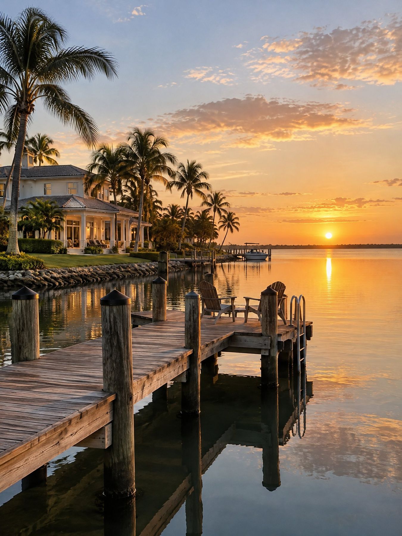 Private dock on the lagoon at sunset