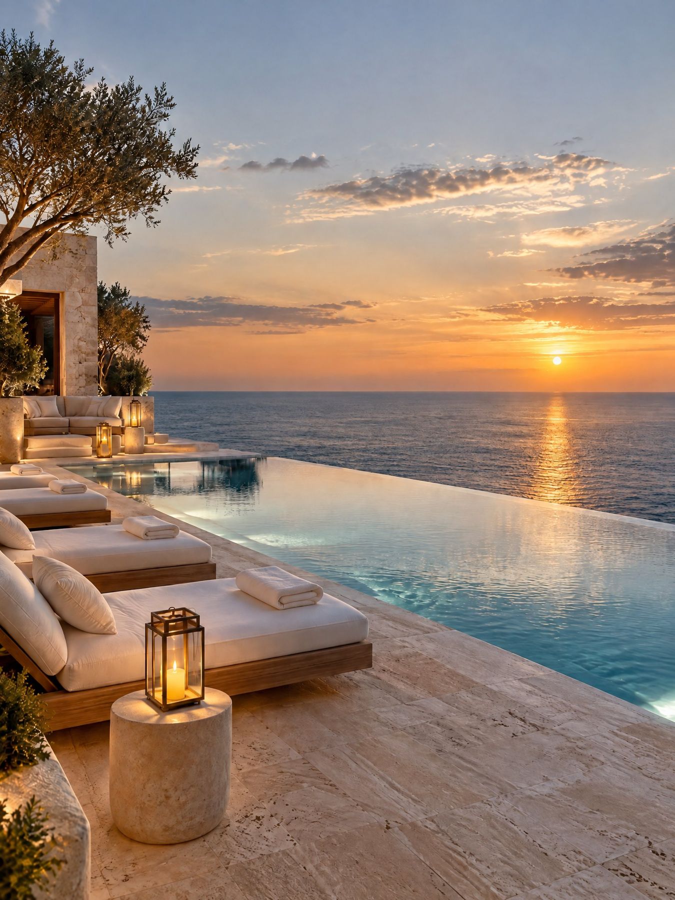 Infinity pool overlooking the water at dusk